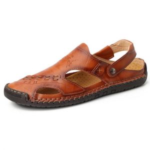 Men Genuine Leather Hollow Out Seaside Beach Sandals