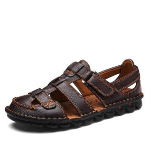 Menico Men Breathable Hollow Outs Hook Loop Genuine Leather Sandals