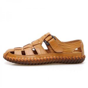 Large Size Men Soft Cow Leather Hand Stitching Hook Loop Sandals