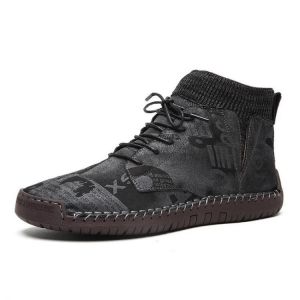 Men Cow Leather Camouflage Spicing Weave Sock Mouth Casual Ankle Boots