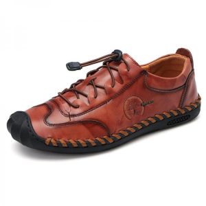 Menico Men Hand Stitching Non Slip Elastic Lace Soft Sole Casual Leather Oxfords