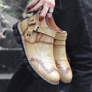 Menico Retro Ferrule Decoration Hand Stitching Leather Comfy Soft Stylish Ankle Boots