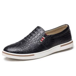 Men Genuine Leather Pattern Slip On Elastic Band Sneakers