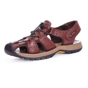 Genuine Leather Beach Sandals Outdoor Round Toe Flat Shoes