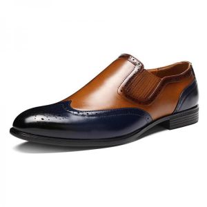 Menico Men Brogue Carved Color Spicing Slip On Business Oxfords
