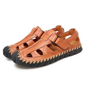 Men Hook&amp;Loop Hand Stitching Toe Protection Casual Soft Sandals