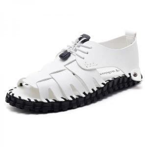 Men Open Toe Genuine Leather Sandals Adjustable Elatic Slip On Breathable Shoes