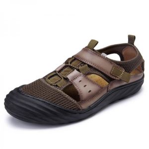 Men Breathable Hook Loop Leather Sandals Hollow Out Beach Shoes