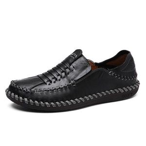 Men Genuine Leather Hand Stitching Woven Style Oxfords Shoes