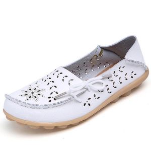 SOCOFY Big Size Women Casual Lace Up Loafers Breathable Floral Hollow Out Comfy Shoes