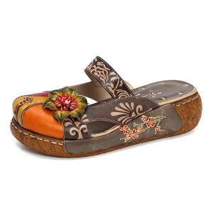 SOCOFY Vintage Colorful Leather Hollow Out Backless Flower Shoes