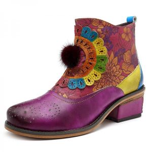 SOCOFY Genuine Leather Handmade Flowers Pattern Ankle Boots