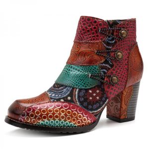 SOCOFY Splicing Pattern Button Zipper Ankle Leather Boots