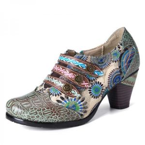 SOCOFY Women Stitching Genuine Leather Retro Spring Pumps