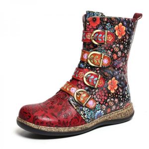 Socofy Women Retro Printed Metal Buckle Genuine Leather Zipper Ankle Boots