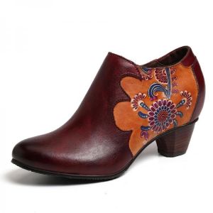 SOCOFY Women Hand Painted Flowers Stitching Genuine Leather Zipper Pumps
