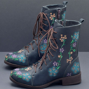 Lostisy Women Retro Flower Printing Mid Calf Boots