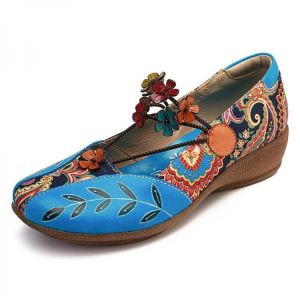 Socofy Large Size Women Retro Print Patchwork Pumps