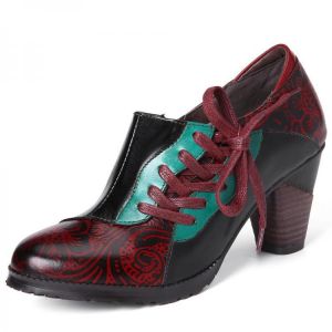 SOCOFY Women Genuine Leather Stitching Retro Embossed Flower Spring Pumps