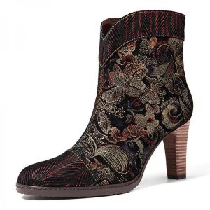 SOCOFY Bohemian Stitching Embossed Leather Ankle Boots
