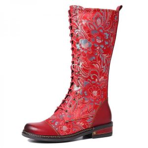 SOCOFY Gorgeous Flowers Pattern Colorful Stitching Elegant Zipper Lace Up Flat Mid-calf Boots