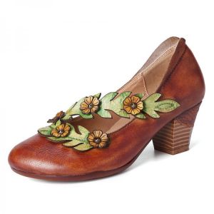 SOCOFY Women Flower Decoration Genuine Leather Slip On Spring Pumps
