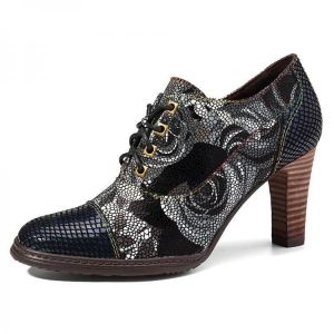 SOCOFY Handmade Splicing Lace Up Zipper Leather Pumps