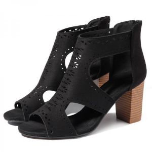 Women Hollow Out Solid Color Chunky Heel Pumps