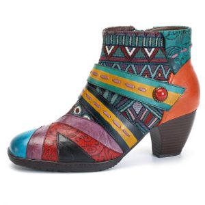 SOCOFY Bohemian Stitching Pattern Zipper Ankle Leather Boots Shoes