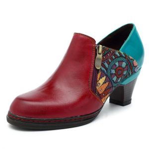 SOCOFY Retro Printing Splicing Zipper Pumps Leather Ankle Boots
