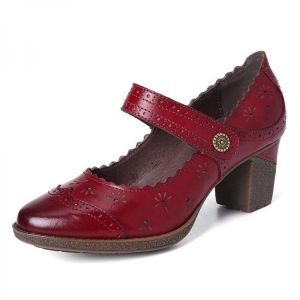 SOCOFY Women Genuine Leather Retro Hollow Elegant Spring Pumps