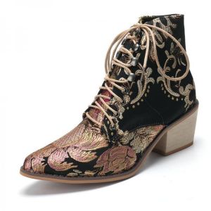 Large Size Women Pointed Toe Embroideried Lace Up Block Heel Ankle Boots