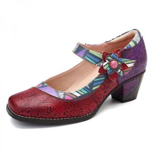 SOCOFY Splicing Pattern Hook Loop Genuine Leather Pumps