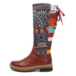 SOCOFY Embroidery Shoe Splicing Pattern Flat Leather Knee Boots