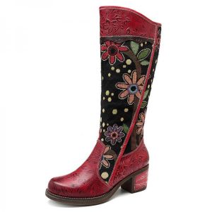 SOCOFY Splicing Pattern Embroidery Genuine Leather Mid Calf Boots