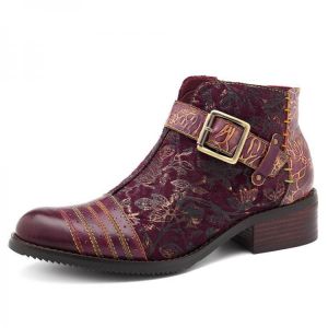 SOCOFY Handmade Genuine Leather Embossed Splicing Buckle Zipper Ankle Boots