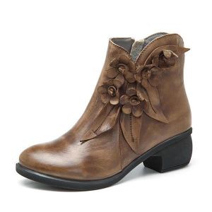 SOCOFY Vintage Handmade Floral Ankle Leather Boots For Women