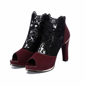 Women Black Mesh Lace Peep Toe High Heel Chunky Heel Pumps