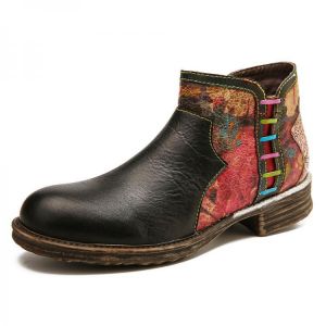 Socofy Women Retro Watercolor Stitching Genuine Leather Zipper Ankle Boots