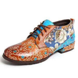 Socofy Women Casual Retro Flowers Genuine Leather Lace Up Flats
