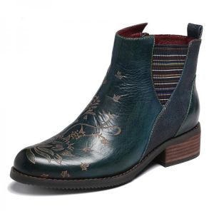 SOCOFY Women Retro Flower Stitching Genuine Leather Elastic Band Ankle Boots