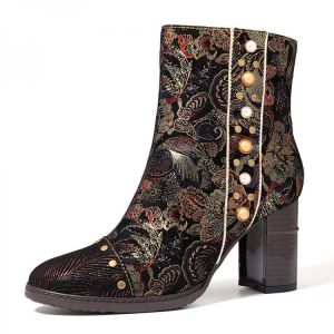 SOCOFY Stitching Splicing Chunky Heel Zipper Ankle Leather Boots