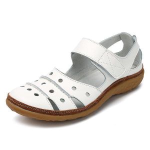 Soft Leather Hollow Out Casual Hook Loop Flat Sandals