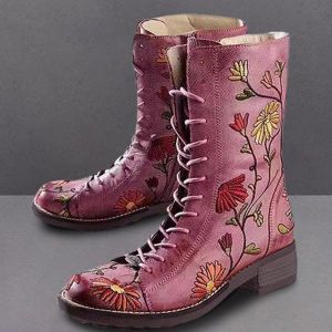 LOSTISY Women Flower Embroidered Chunky Heel Ankle Short Boots