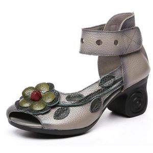 SOCOFY Women Flower Retro Genuine Leather Handmade Sandals