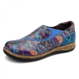 SOCOFY Leather Splicing Printed Pattern Slip On Casual Flats Shoes