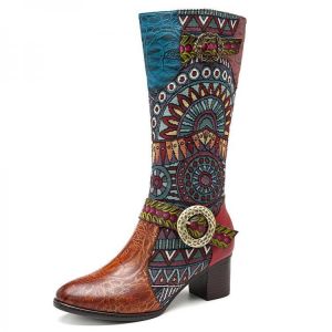 SOCOFY Embroidery Splicing Pattern Leather Mid Calf Knee Boots