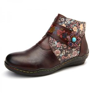 SOCOFY Women Retro Small Flowers Colorful Stitching Soft Flat Leather Ankle Boots