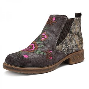 SOCOFY Embroidery Flower Splicing Leather Ankle Boots
