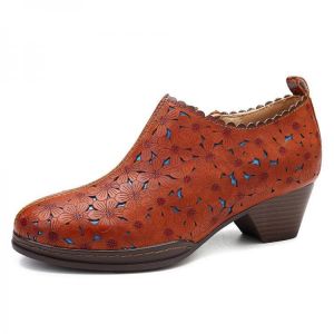 SOCOFY Handmade Splicing Flowers Leather Zipper Pumps